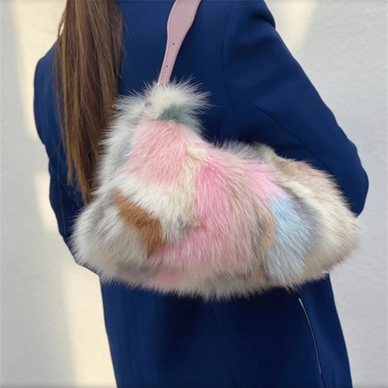 Women's High Quality Fur Bag Large Capacity Luxury Fox Fur Handbag Adjustable Strap Design Single Shoulder Fur Bag
