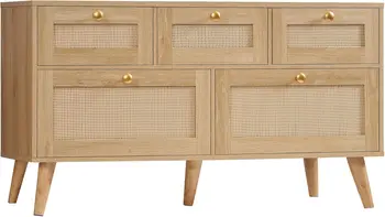Rattan Dresser for Bedroom, 5 Drawer, Boho Dresser for Closet, Chest of Drawers with Solid Wood Legs, Dressers TV Stand 1