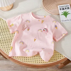 Girls' Short - Sleeved Cotton T - Shirt with 3D Floral Design - Stylish and Cute Summer Top - 130cm (Pink ice cream)