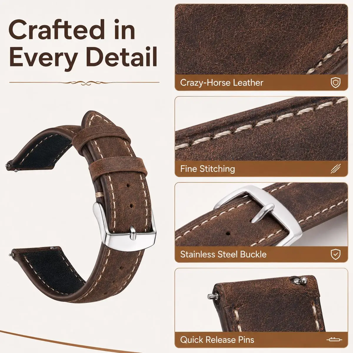 Retro Vegan Leather Watch Strap - Detachable Wrist Band