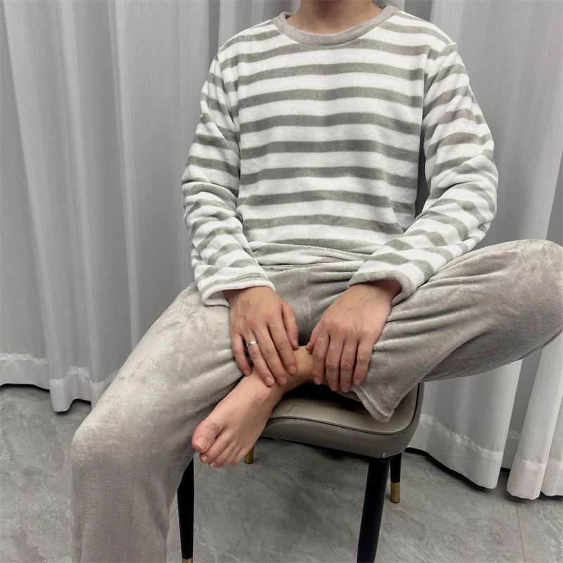Pajama Sets For Men Autumn Winter Gray Striped