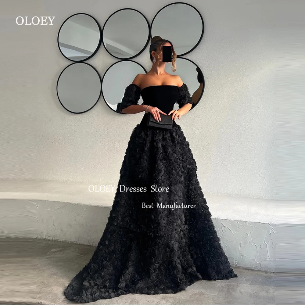 

OLOEY Modern Black A Line Ruffles Evening Dresses Strapless Velvet Top Flowers Skirt Saudi Arabic Women Prom Formal Gowns