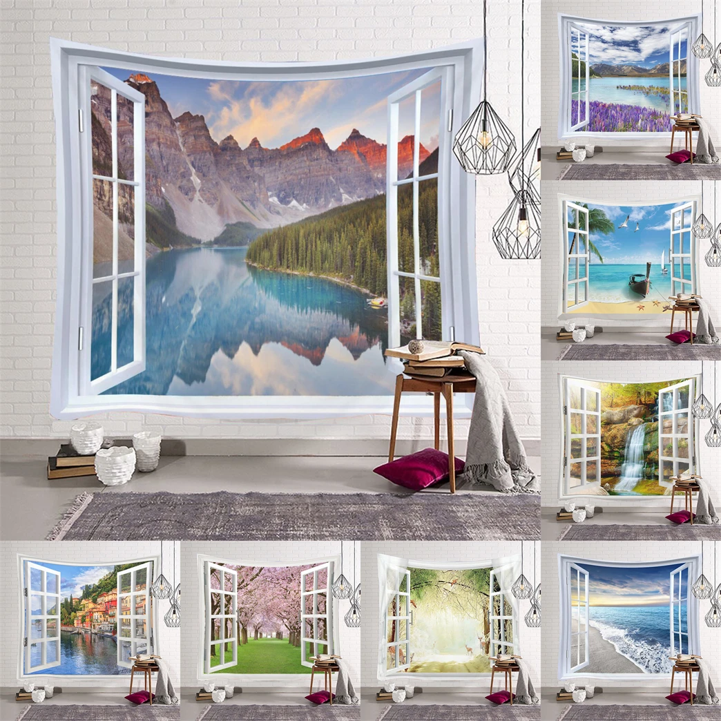 

Natural Scenery Style Tapestry Walls Blanket Window Landscape Pattern Macrame Wall Hanging Room Decor Aesthetics Home Wall Cloth