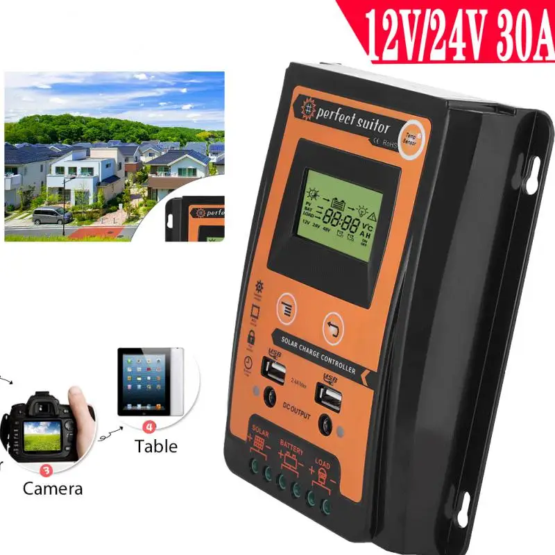 태양광 충전 컨트롤러, 태양광 패널 배터리 레귤레이터, 듀얼 USB, 5V LCD 디스플레이, 12V, 24V, 30A, 50A, 70A