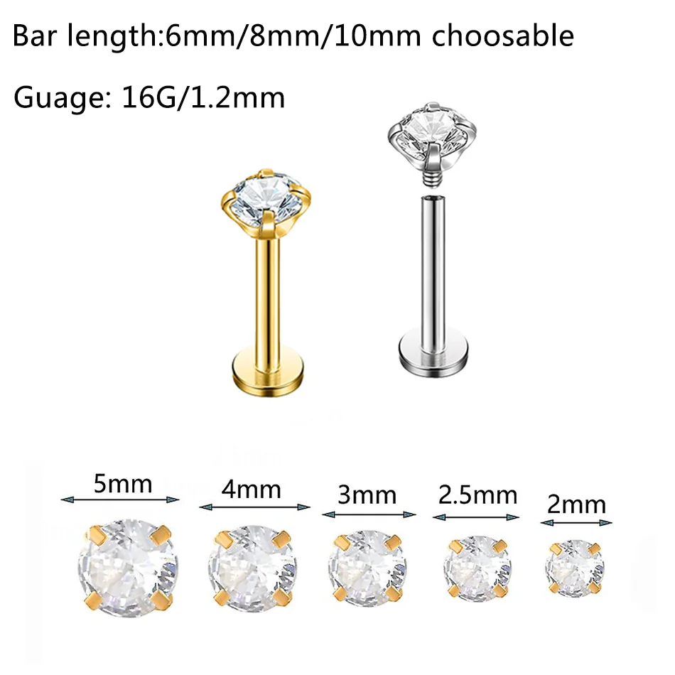 Piercing Jewelry ASTM F136 Titanium Labret 2/3/4/5mm Zircon Ear Cartilage Tragus Lobe Helix Stud Earrings 1pcs