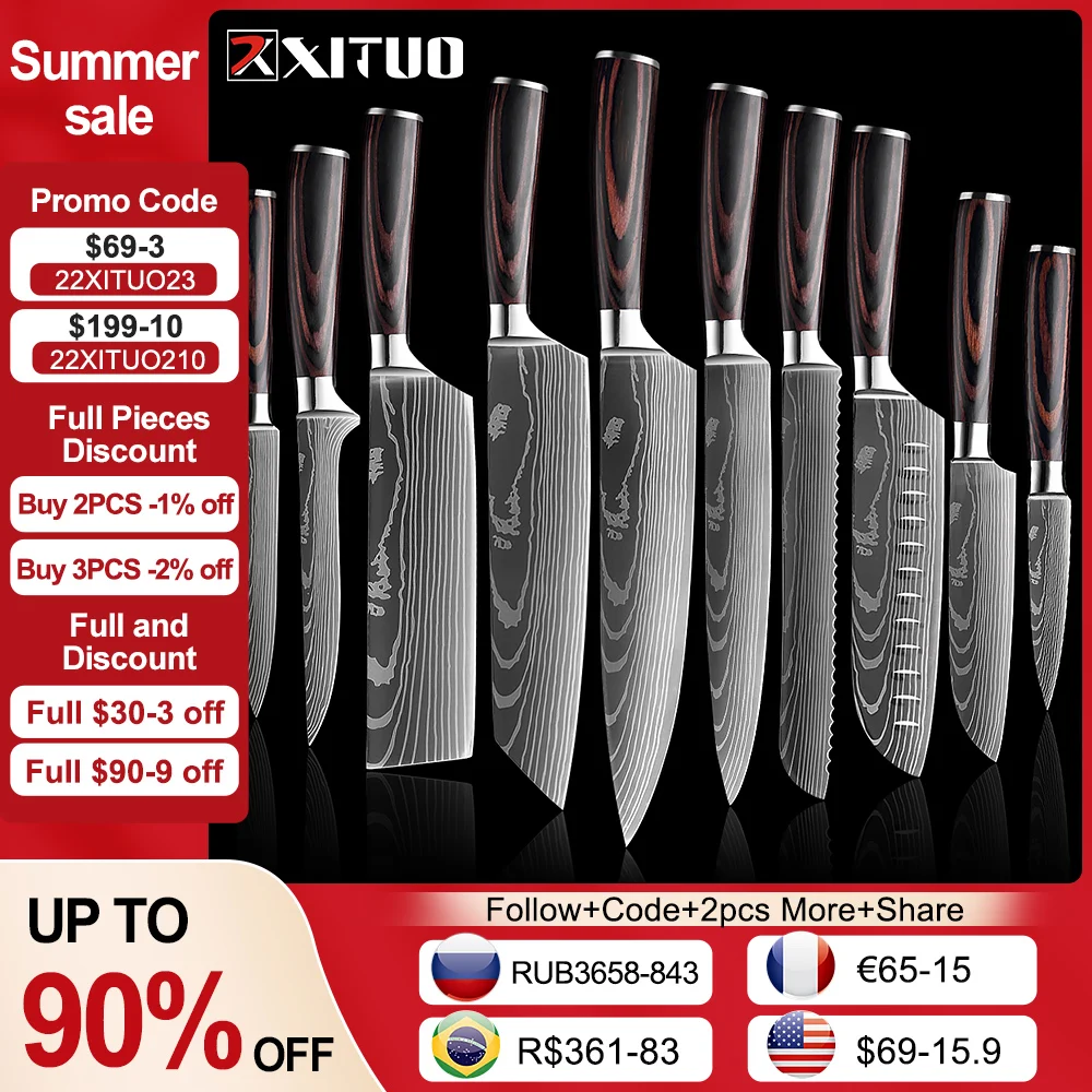 XITUO Chef knife 1-10 Pcs Set Kitchen Knives Laser Damascus Pattern Sharp Japanese Santoku Knife Cleaver Slicing Utility Knife