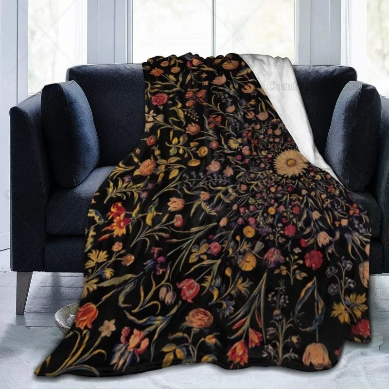 

Lightweight Flannel Fleece Plush Blanket Medieval Flowers on Black Vintage Florals Garden Pattern Warm Throws for Travel Picnic