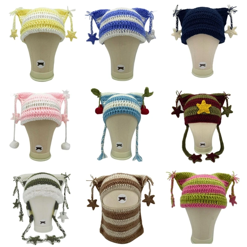 

Adult Knit Windproof Hat Outdoor Windproof Handmade Cat Ear Shape Hat for Women Dropship