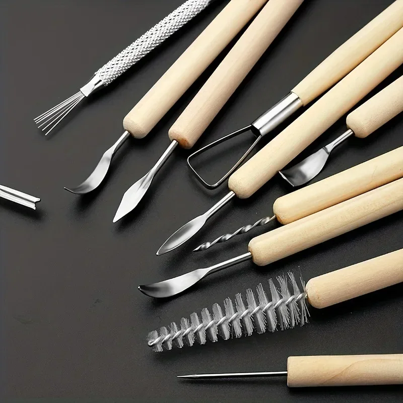 11pcs Pottery Clay Sculpting Modeling Tool Set Double-Sided Ceramic Polymer Clay Carving Smooth Wooden Handle