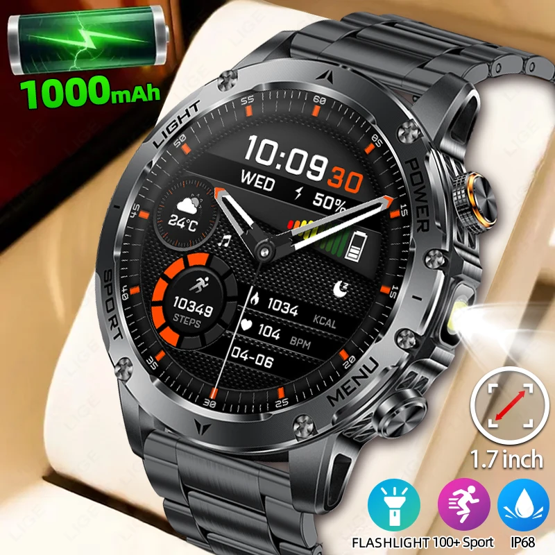 LIGE Military Smart Watch Men 3ATM Waterproof 1.7" HD Screen LED Flashlight 1000mAh Battery Heart Rate Sport BT Call Smartwatch