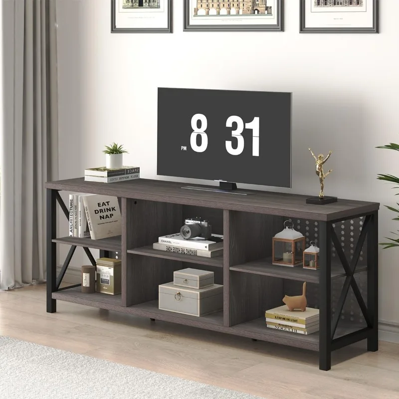 TV Stand for 70 Inch TV, Rustic Industrial Entertainment Center, Large Television Stands for Living Bedroom,Dark Gray Oak, 59 IN