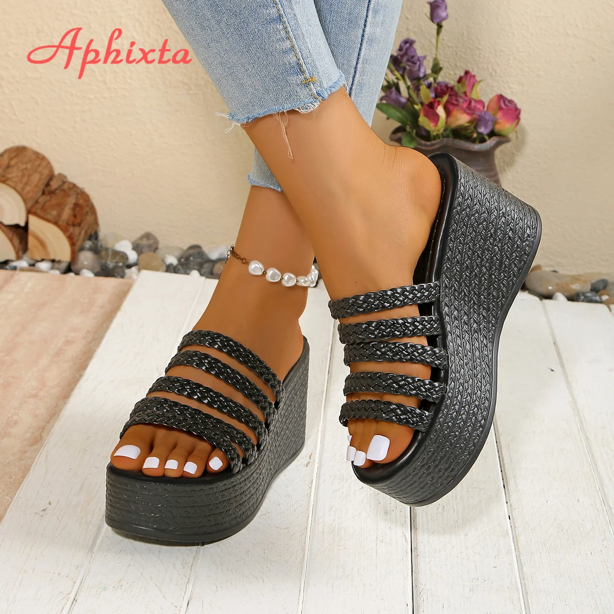 Aphixta Gold Sole Weave Design Women Wedge Slides 9cm High Heels Summer Beach Shoes for Woman Fashion Women's Sandals