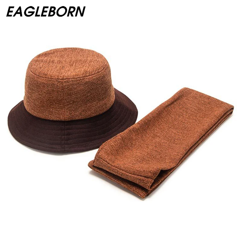

Winter New Tweed Bucket Hat Scarf Set Men Women Fashion Casual Cajas Misteriosas Warm Women Bucket Hat Scarves Hats for Women