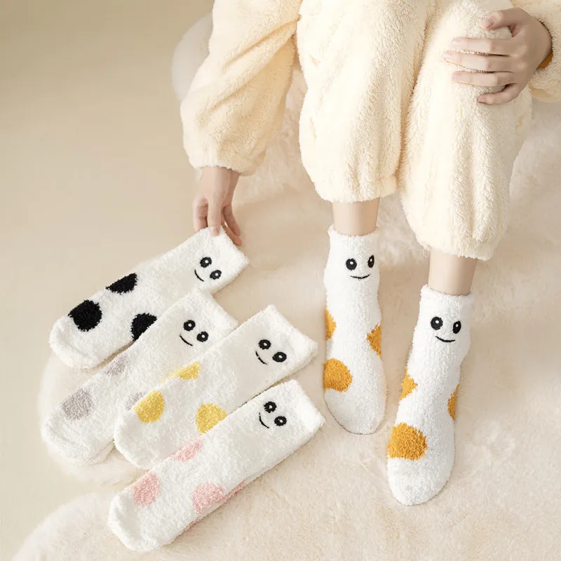

5 Pairs/lot Winter Warm Cartoon Smile Face Socks For Women Girls Sleeping Socks Home Floor Socks Thick Socks
