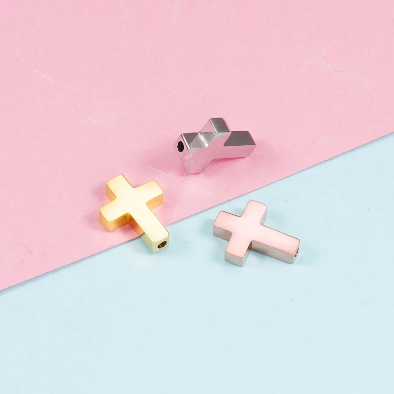골드 컬러 스테인레스 스틸 구멍 스페이서 비즈 목걸이 팔찌, DIY 쥬얼리 제작 액세서리용 크로스 참, 도매, 5 개