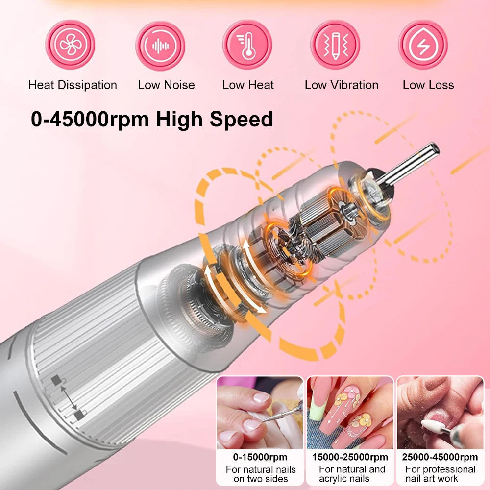 전기 네일 드릴 머신, 휴대용 네일 파일, 충전식 네일 샌딩기, USB 네일 드릴 머신, 45000RPM