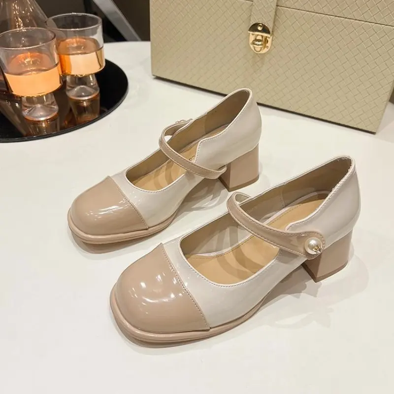 Womens's High Heels 2024 Autumn New Thick Heel Leather Shoes Elegant Dress Splicing Shallow Buckle Strap Ladies Pumps