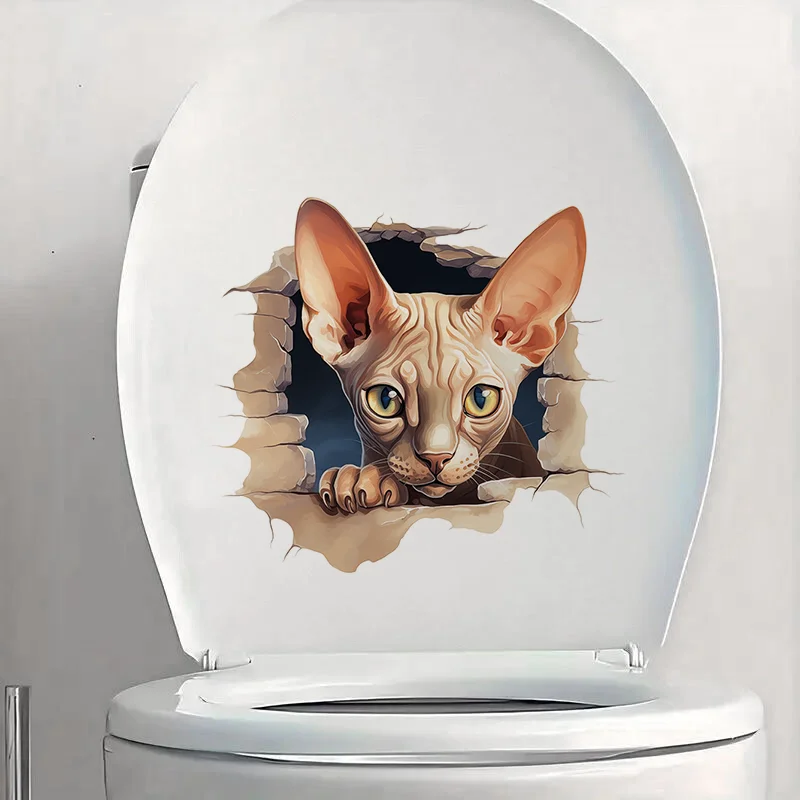 90995# Cute Hairless Cat Peeking Toilet Sticker Durable Material Perfect For Home Wall Decor Aesthetic Room Decoration