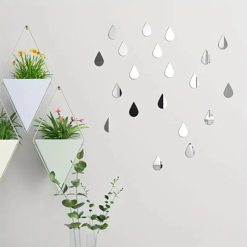 100 Acrylic Wall Stickers Raindrops And Leaves Shape Self-Adhesive Mini Mirror Tiles DIY Art Wall Doors Home Decor