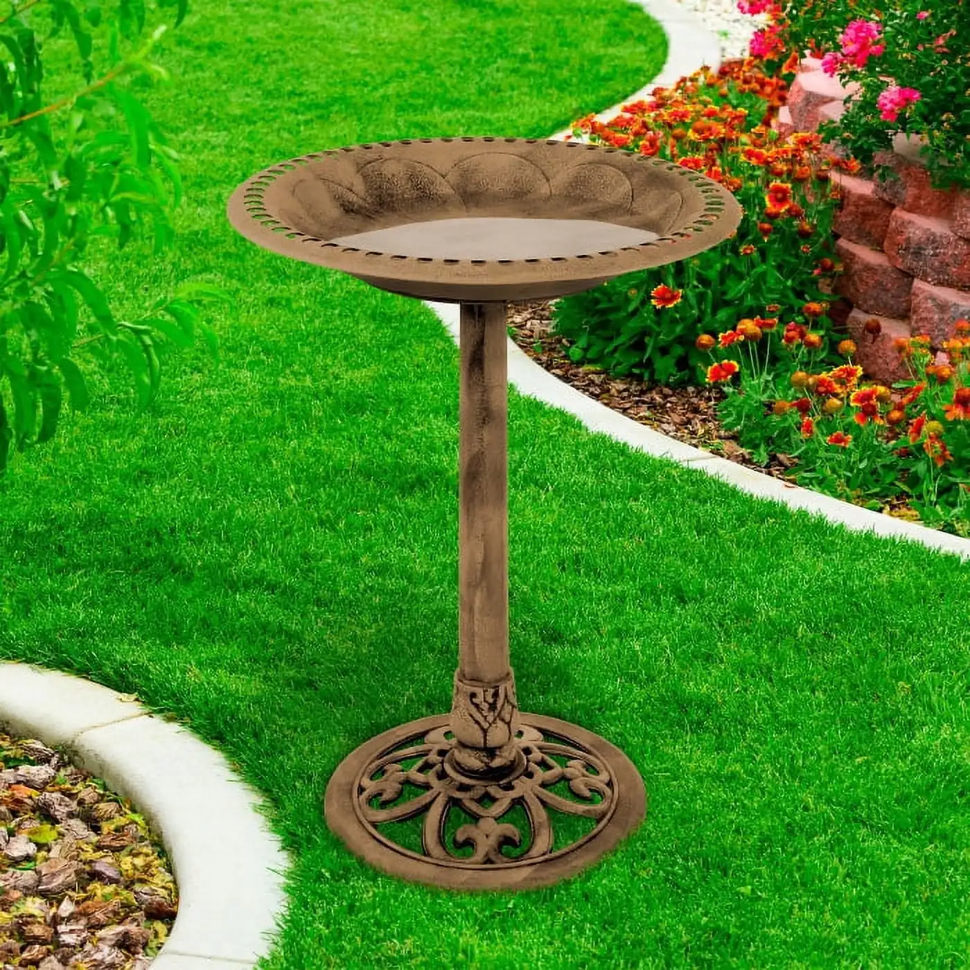 

Pure Garden Outdoor Decor Antique Bird Bath, Polyresin, Vintage Scroll Design, Bronze