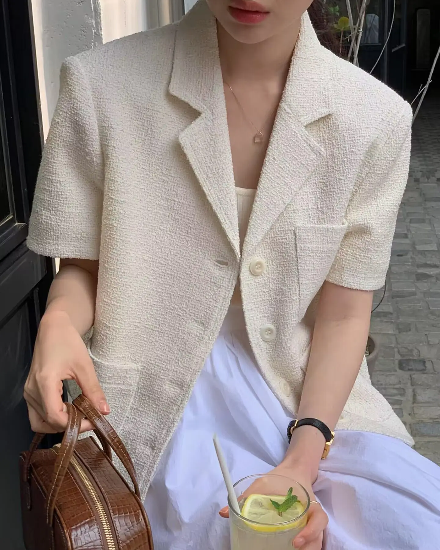 레트로 루즈핏 반팔 트위드 세트 재킷, 여성 세트, 여름  Best5