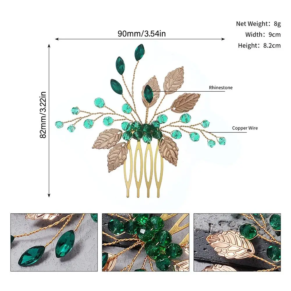 Braut Haarnadeln Diademe Strass grünes Haar Kämme für Frauen Mode Perlen Goldblatt Seiten nadeln Braut Hochzeit Heapdiece Schmuck – Detail 1