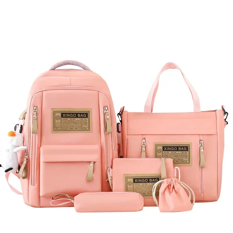 5-piece Free Pendants Large Capacity Backpack School Students College Style Korean Version Multi Piece Set Trendy Street Style 5
