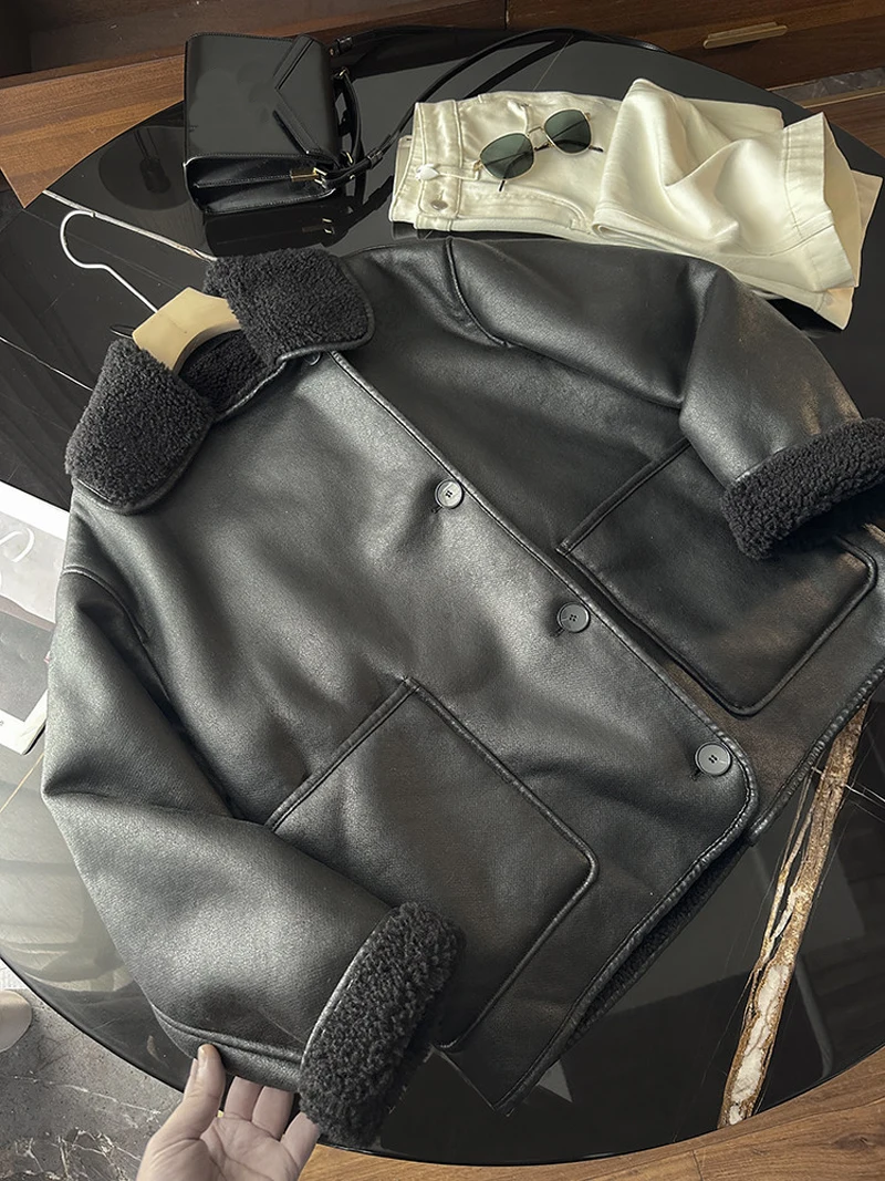 Original Winter Jacket Women's Black Faux Leather Jacket Warm Streetwear Outwear Elegant Warmth Coat Ladies Jackets Coat Tops