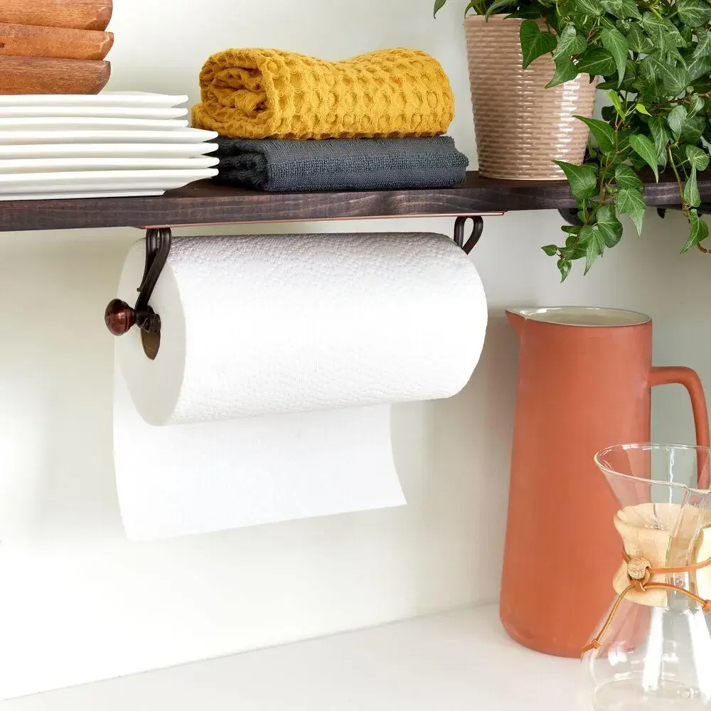 Wall Mounted Paper Towel Holder Kitchen Bathroom Laundry Room Mountable Towel Rack Organizer Rust Resistant Steel Design Bronze