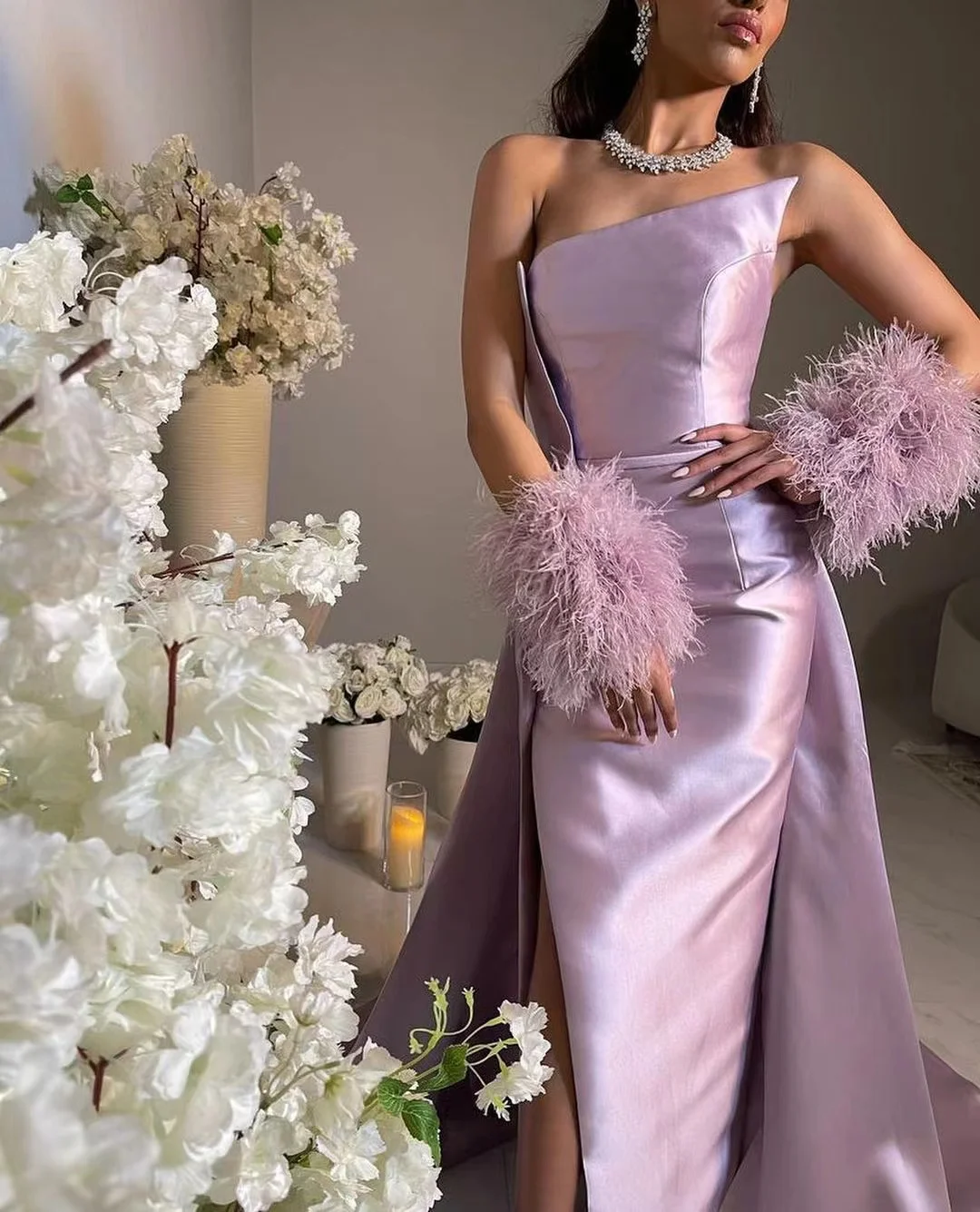 

Meetlove Women's Saudi Arabia Prom Dresses Modern Evening Dress Strapless Sleeveless Side Slit Floor-length Party Dresses