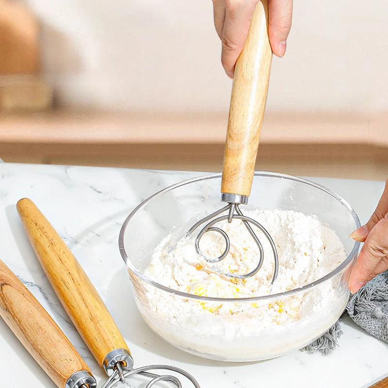 Wooden Hand Dough Whisk Stainless Steel Doutch Dough Whisk Kichen Cooking Whisks Utensil Egg Beater Pastry Tool