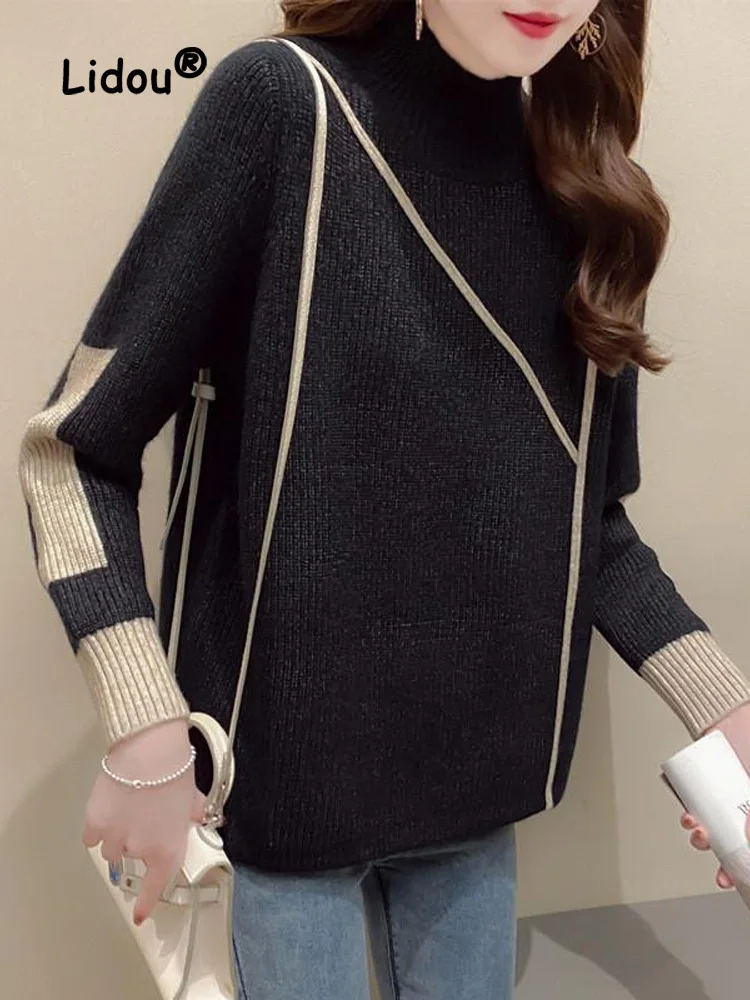

Autumn Winter Color Contrast Knitting Bottoming Shirt Women's Wear New Classic Long Sleeve Plush Thickening All-match Sweaters