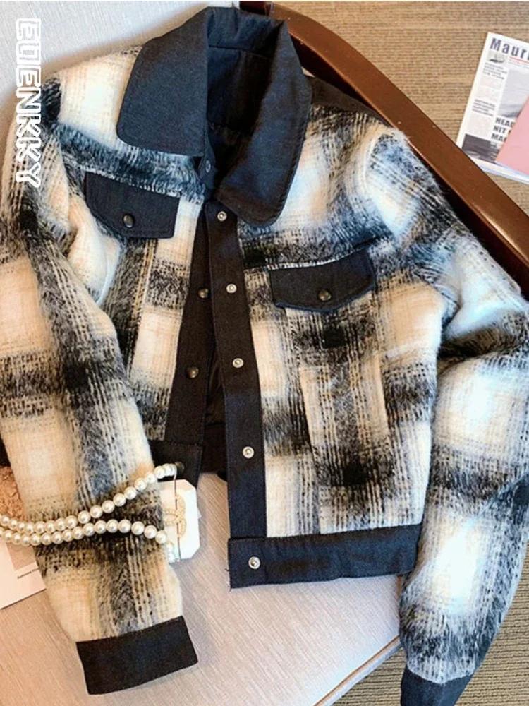 

Womens Cropped woolen jacket Autumn Winter Turn-down Collar thicken Jackets Office Lady Korean Fashion Spliced Short Outerwear
