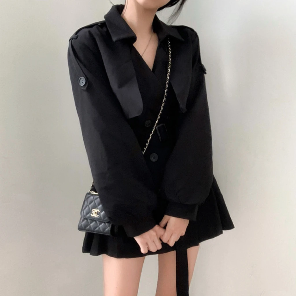 Gabardina elegante y plisada de estilo coreano para mujer, vestido con cinturón, cuello vuelto, doble botonadura, liso, para otoño