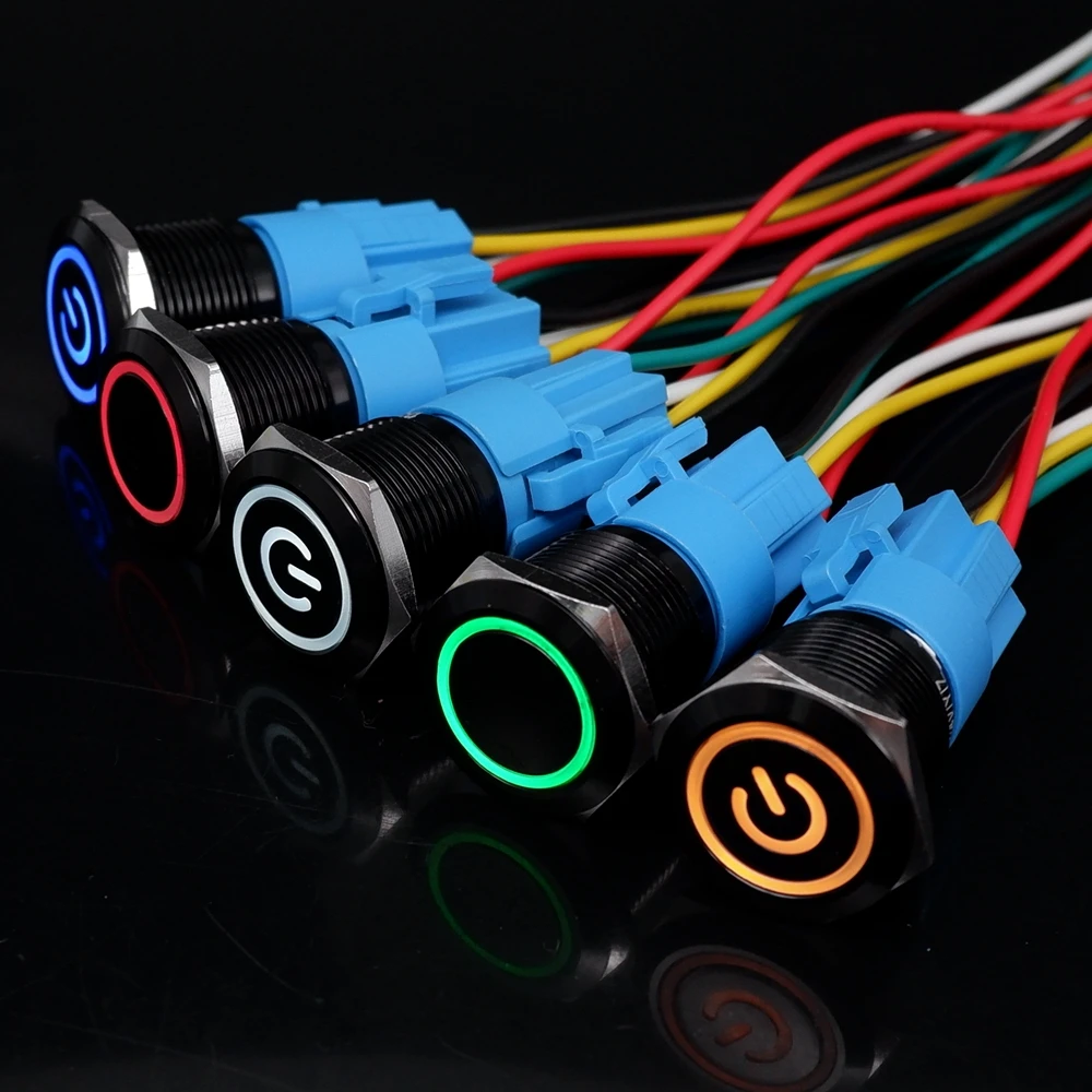 Push Button Switch 12/16/19/22mm Oxidized Black Momentary Latching Fixed On Off Power Switch wire LED Light 5V 12V 24V 220V