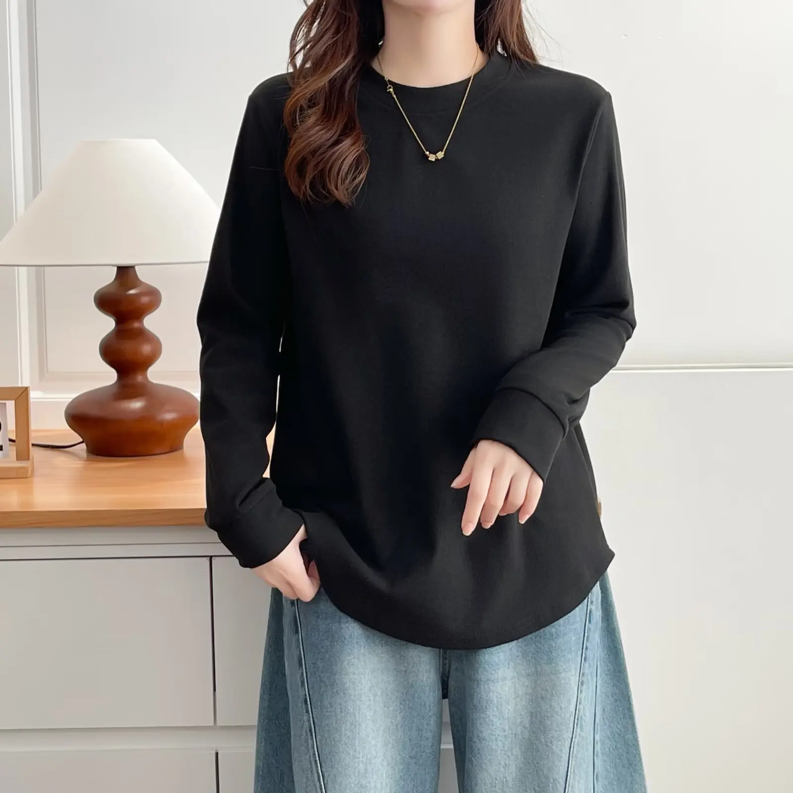 XXXXL Fashion Plus Size Women's T-Shirt New Autumn And Winter Basic Style Versatile Solid Color Warm Inner Tops 2533