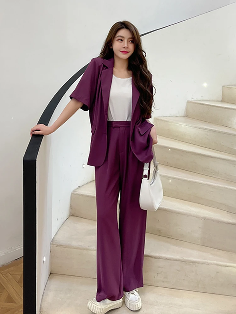 Summer 2 Pieces Outfit Suits Commute Women Formal Casual Short Sleeve Loose  Tops Coat Blazer Suit Wide Leg Long Pants Set Street - AliExpress