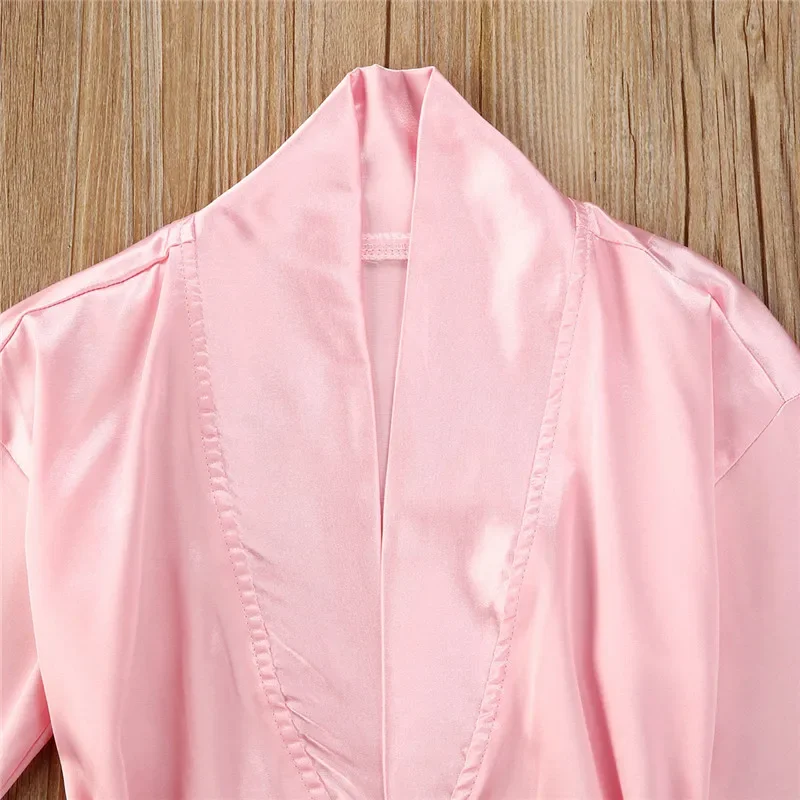 1-5years Infant Girl Solid Color Pajamas Silk Satin Gown Sleepwear Plain Kimono Robes Toddler Kids Girls Nightwear