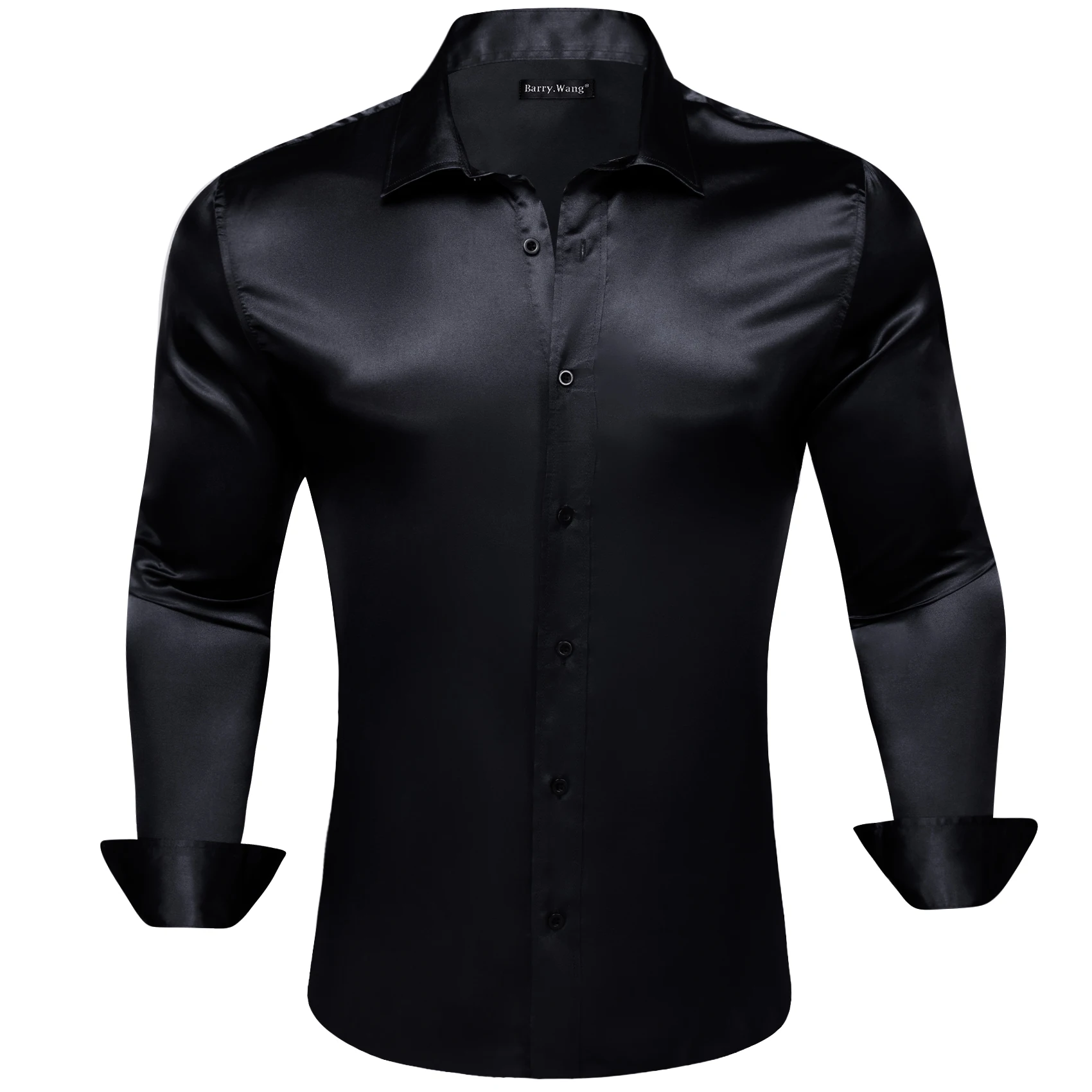 

Hig Quality Mens Shirts Black Solid Plaidn Silk Satin Mercerized Long Sleeve Slim Fit Male Tops Casual Business Barry Wang