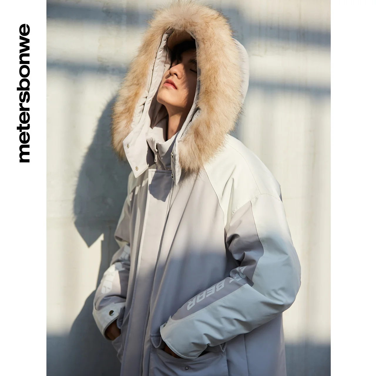 Metersbonwe Contrast Sleeve And Color Blockin Down Jacket For Men Loose Long 80% Gray Duck Down Jacket Hooded Warm Winter Coat