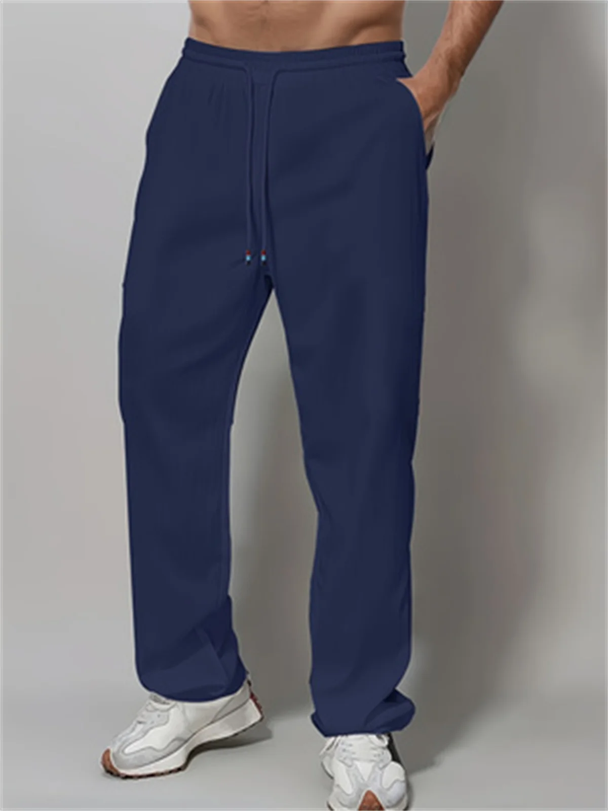 New Trend Simple Solid Color Men's Cotton Casual Drawstring Straight Leg Pants，A Gift For Men 6