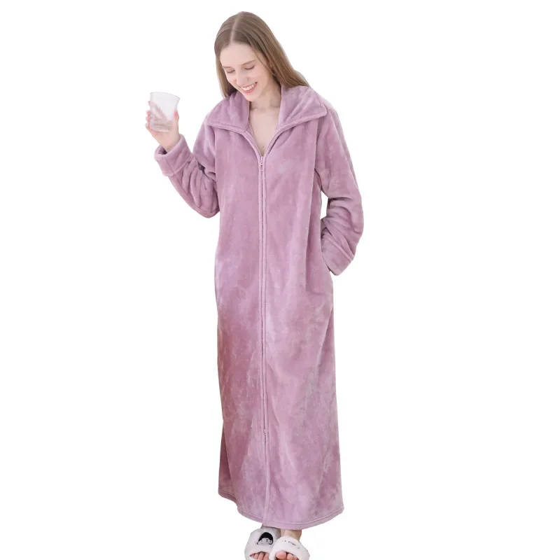 Women Dress Women Sleepwear Silk Robe Sleepwear Pajamas Cotton Bathrobe Women Ultra Long Plus Size Thick Warm Bathrobe Lovers Winter Thermal Flannel Bath Robe Men Robes Pregnant Zipper Dressing Gown