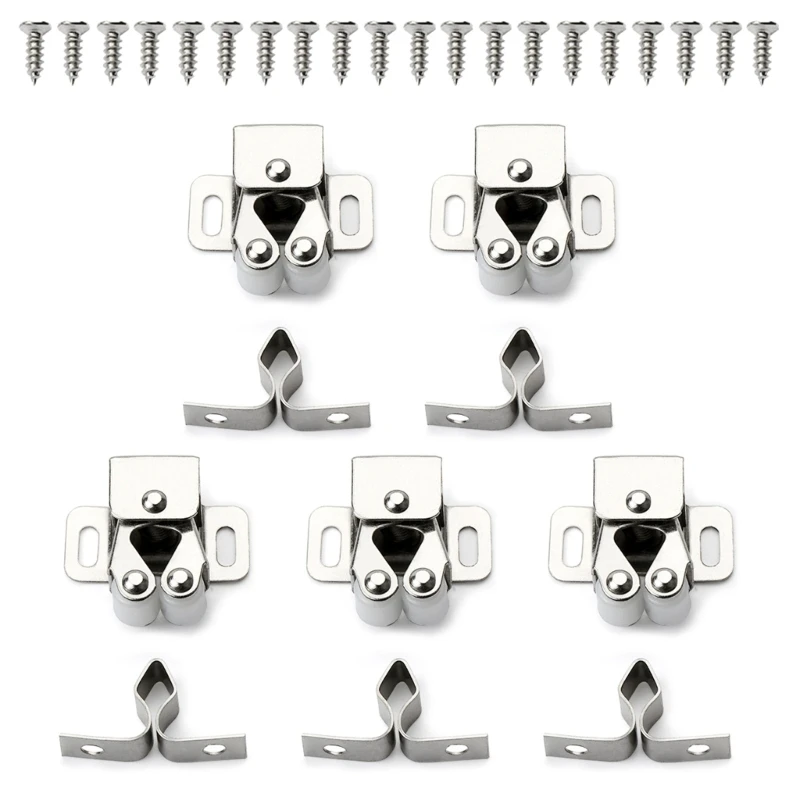 Set of 5 Multi Finish Double Roller Cupboard Cabinet Door Catches Strong Hold Catch with Screws Durable Closet Catches