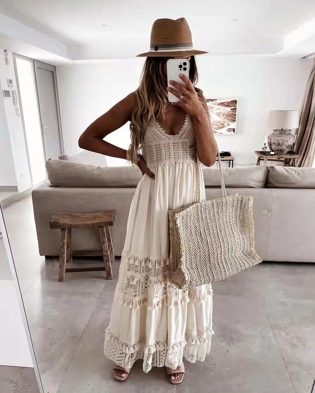 Vestidos bohemios de encaje de crochet con tirantes largos para mujer, vestido vintage con escote en V profundo, sin mangas, vestido informal de playa para verano, vestidos para mujer