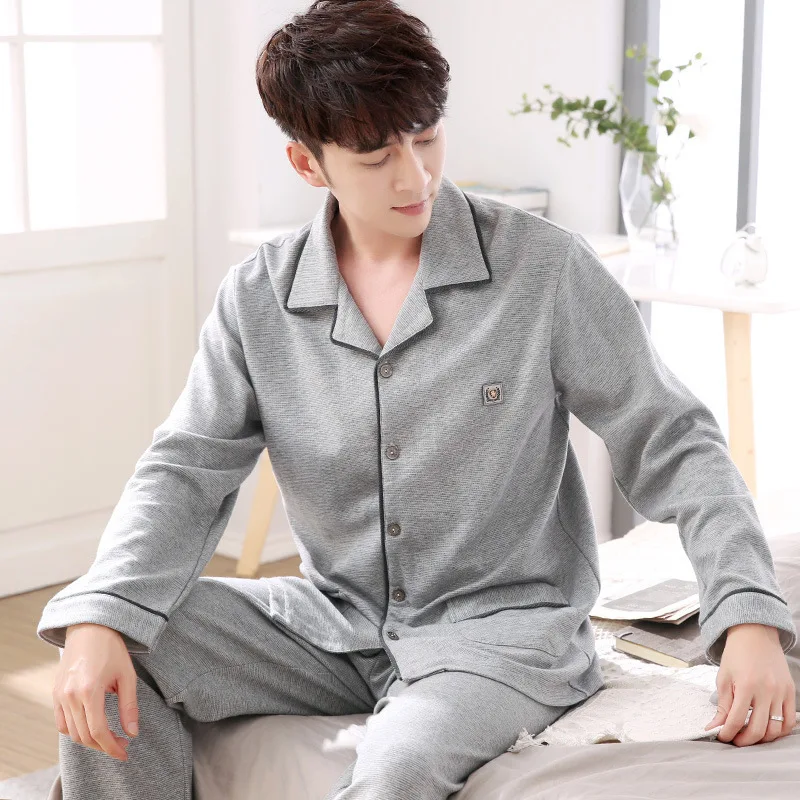 Pajama Sets Men Spring Fall Winter Cotton Long-Sleeved Large Size Leisure Sleepwear