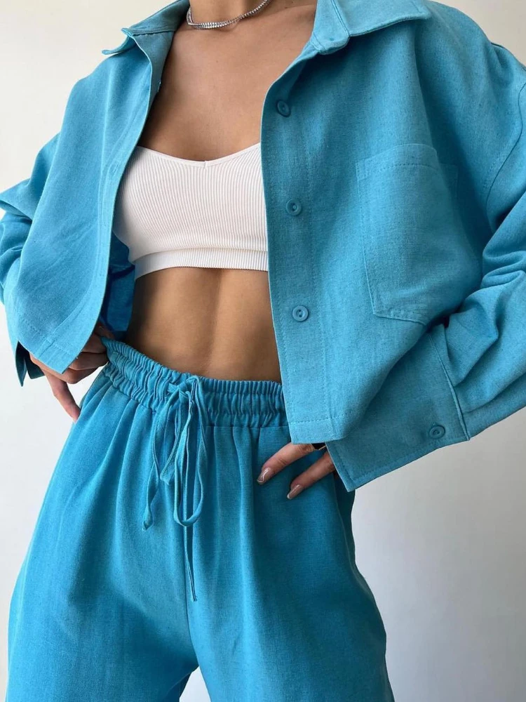 

Two Piece Sets Womens 2023 New Solid Color Long Sleeve Short Shirt Drawstring Pants Comfortable Casual Fashion Set