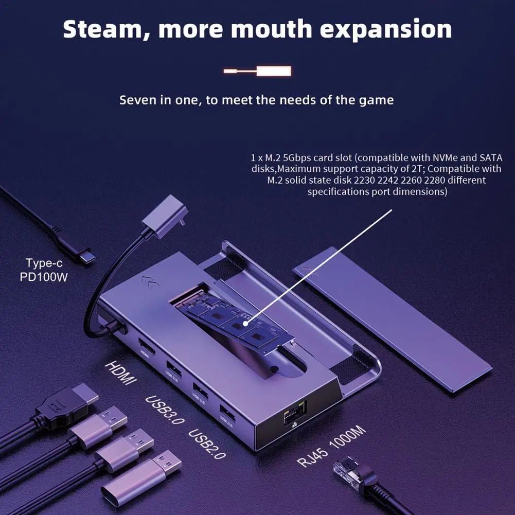 

Док-станция 7 в 1, USB C концентратор для Steam Deck, USB C To HDMI-совместимая с 4K @ 60Hz SATA NVME M.2, док-станция для Asus Rog Ally