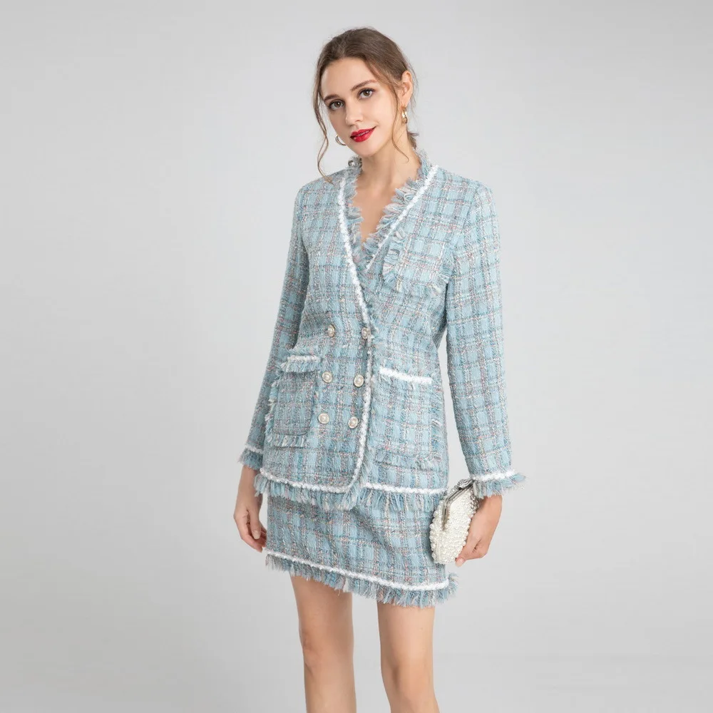 

Korean-style autumn winter 2022 new socialite suit fashion double-breasted jacket fringed tweed skirt