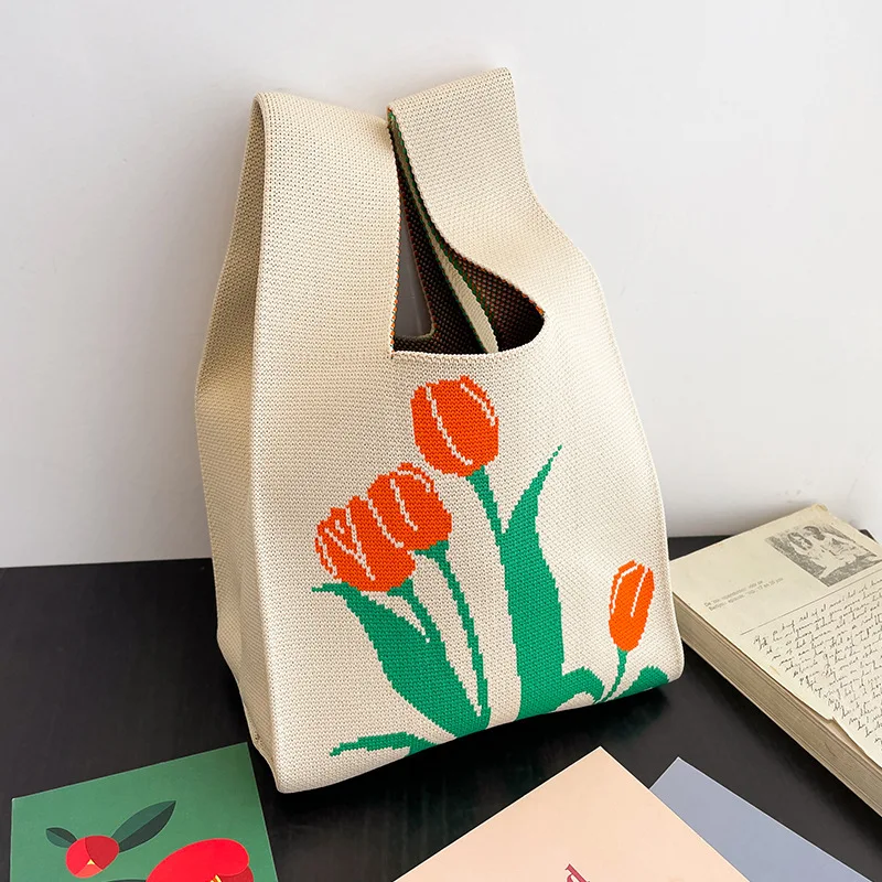 

Fashion Printed Knitted Bag Handbag Protable Handbag Wrist Bag Wandering Street Lazy Vest Bag Korean Spring/Summer