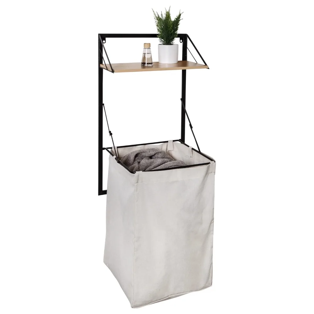 Steel Over-the-Door or Wall Mount Folding Clothes Hamper with Shelf, Black/Maple